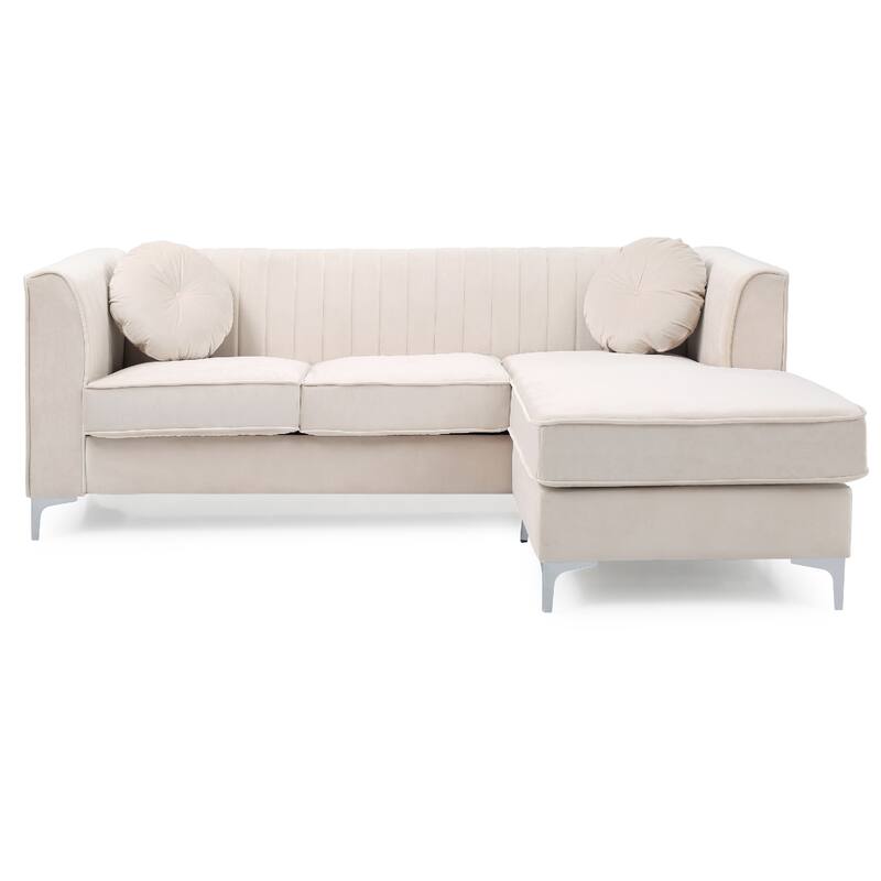 Channel Tufted Velvet L Shape Sectional Sofa with Throw Pillows - 87" - Beige