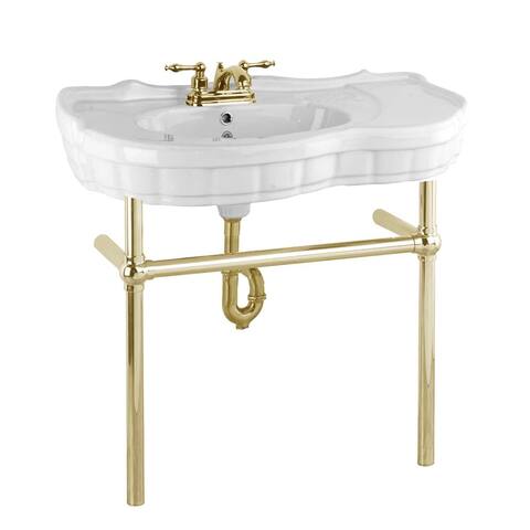 White Console Bathroom Sink 35.37" W Wall Mount Sink with Bistro Legs, Soap Dish, Overflow and Faucet Holes Renovators Supply