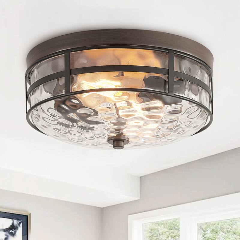 Vintage Black and Brown 2-Light Drum Flush Mount with Stone Ripple Glass