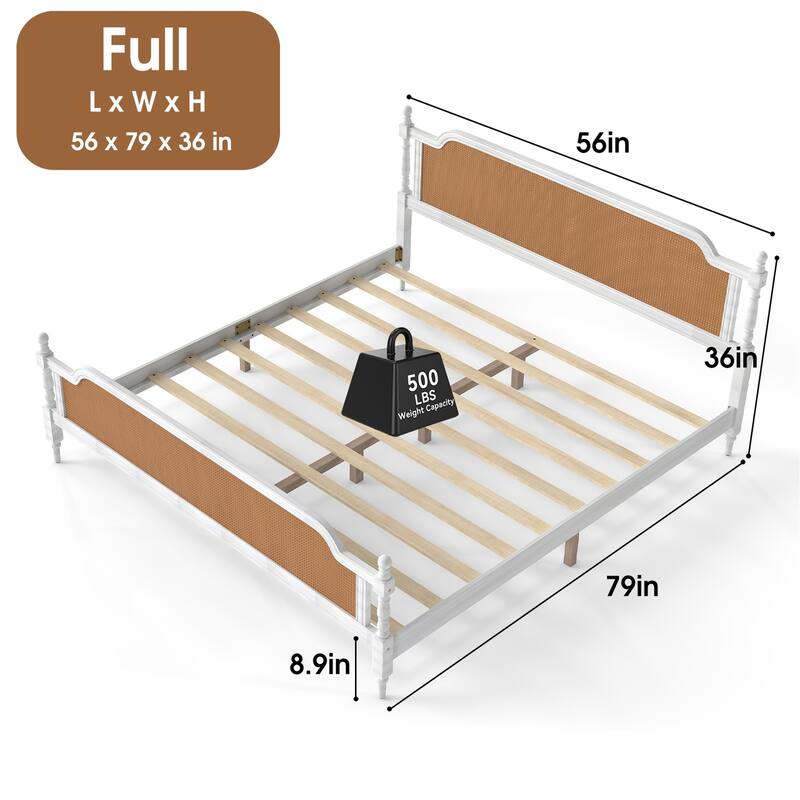 Mid-Century Bohemian Full Bed Frame with Rattan Headboard & Footboard