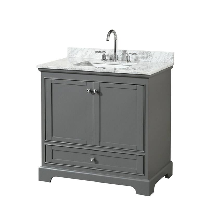 Wyndham Collection Deborah 36" Free Standing Single Vanity Set with - Dark Gray / White Carrara Marble Top / Polished - Steel Finish