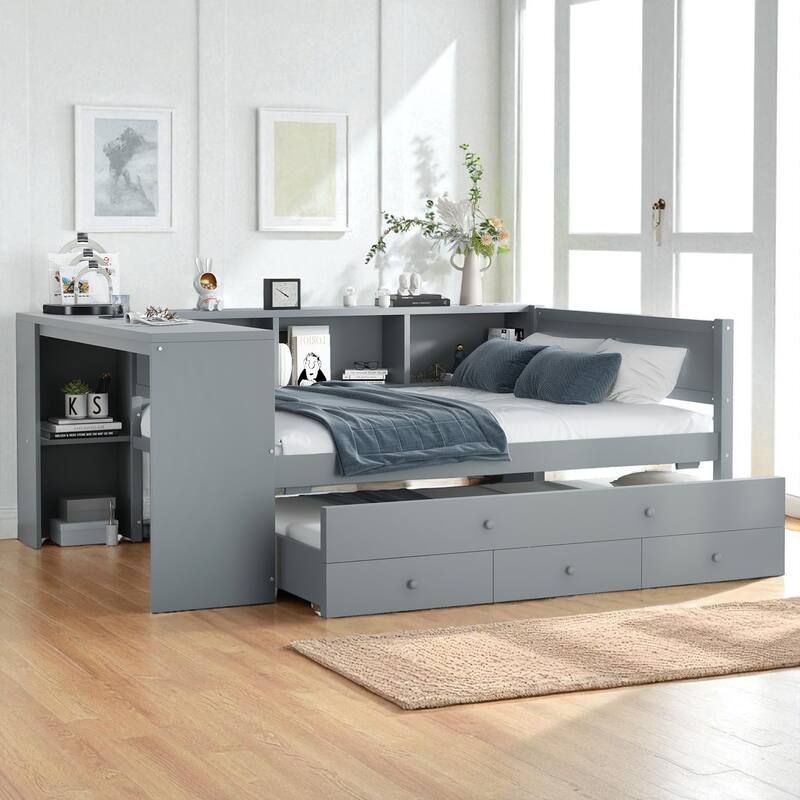 Twin/Full Size Wood Daybed with Trundle, Storage Drawers, Shelves and Built-in Desk, No Box Spring Needed - Grey - Full