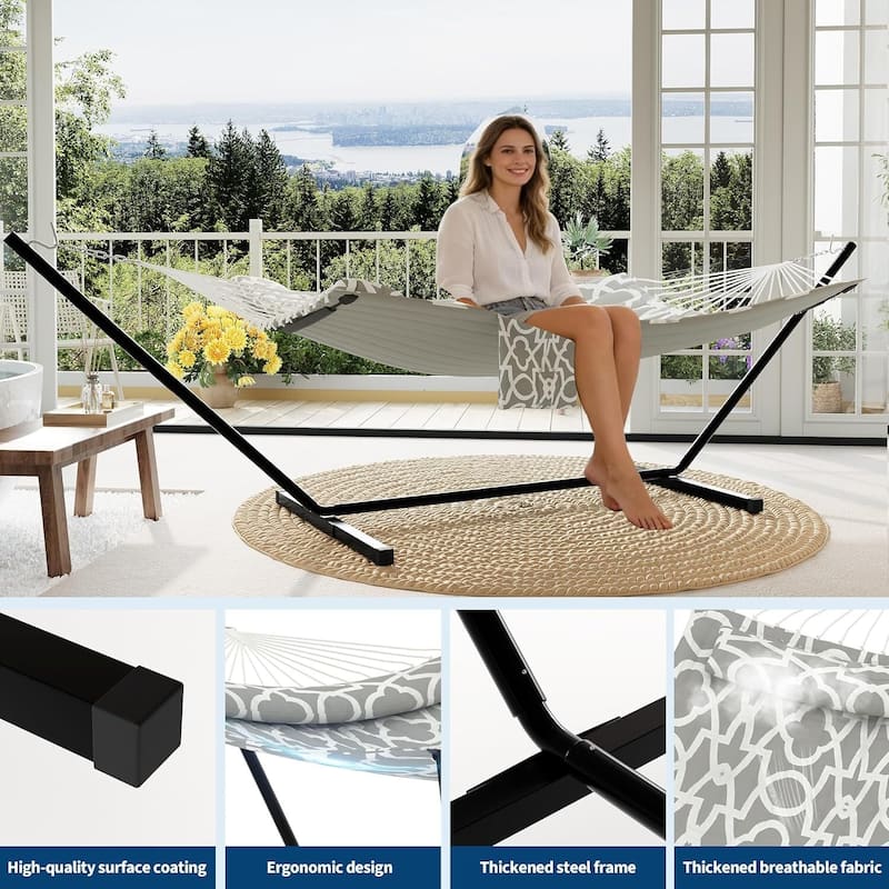 Portable Double Hammock with Stand for Outdoor Patio, Garden, Beach, Backyard, Max 450 Lbs Capacity