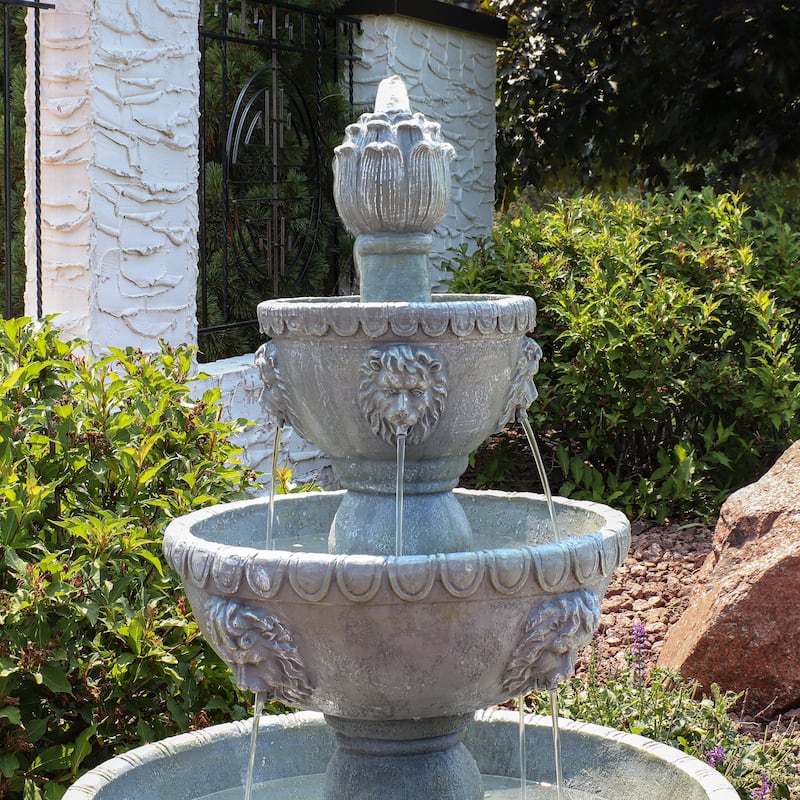 Sunnydaze Lion Head 3-Tier Outdoor Water Fountain with Electric Pump - 53"