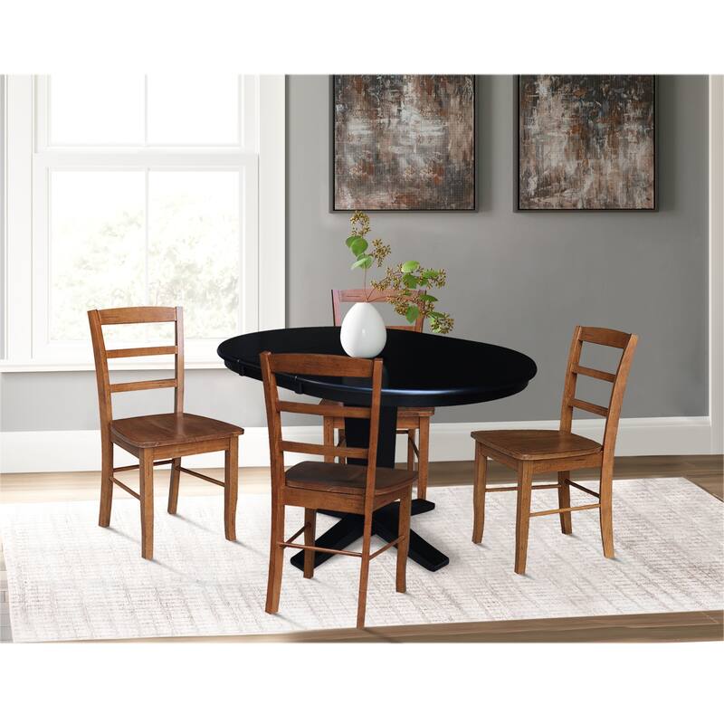 36 in Round Extension Dining Table with 12 in Leaf and Dining Chairs - Black/Distressed Oak