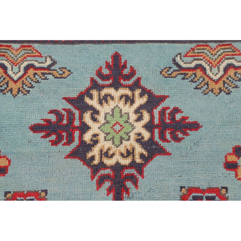 Light Blue Geometric Kazak Foyer Rug Hand-Knotted Oriental Wool Carpet - 3'5" x 4'10"