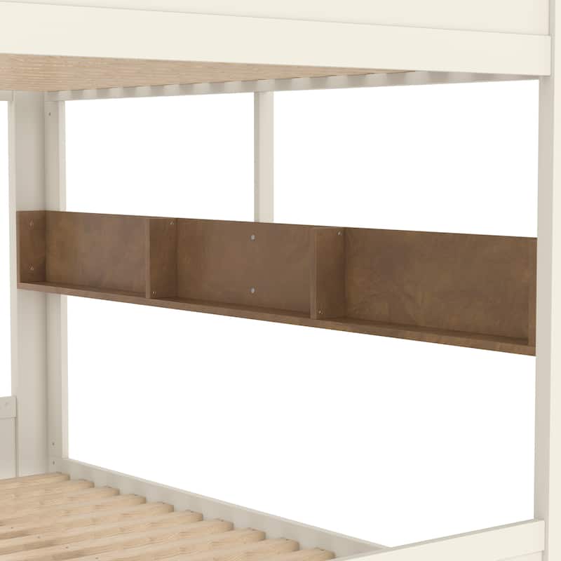 Queen over Queen Bunk Bed with Trundle, Shelves and Hooks