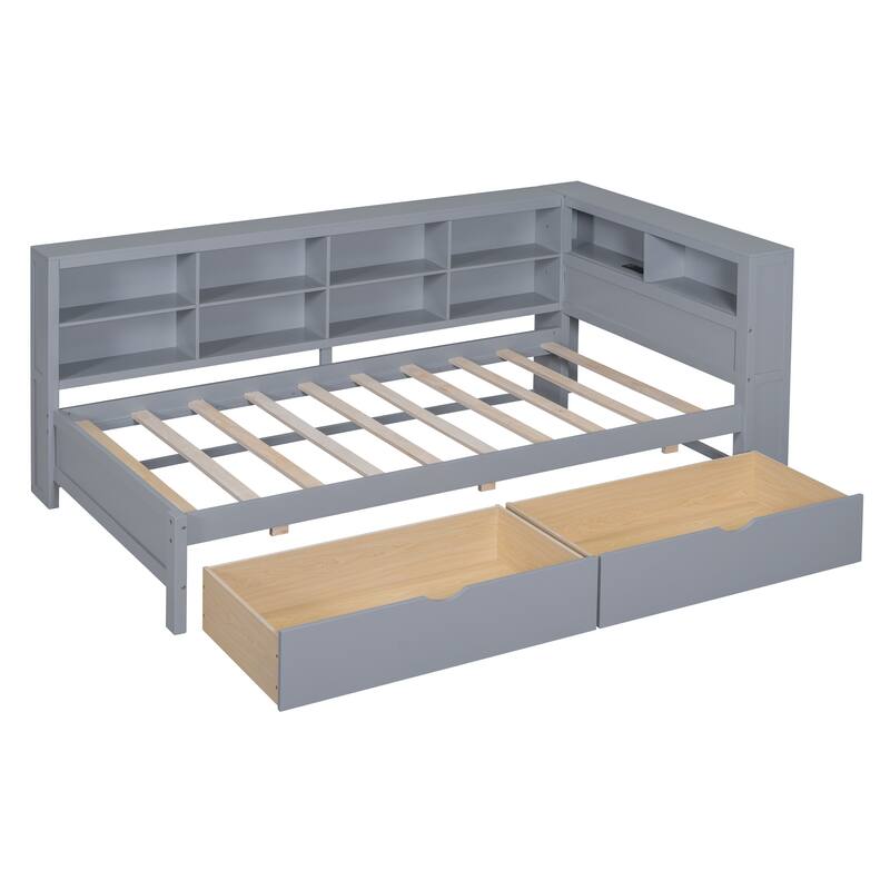 Wooden Twin Daybed with 2 Storage Drawers, USB Charging Station & Storage Shelf in Grey/White Finish