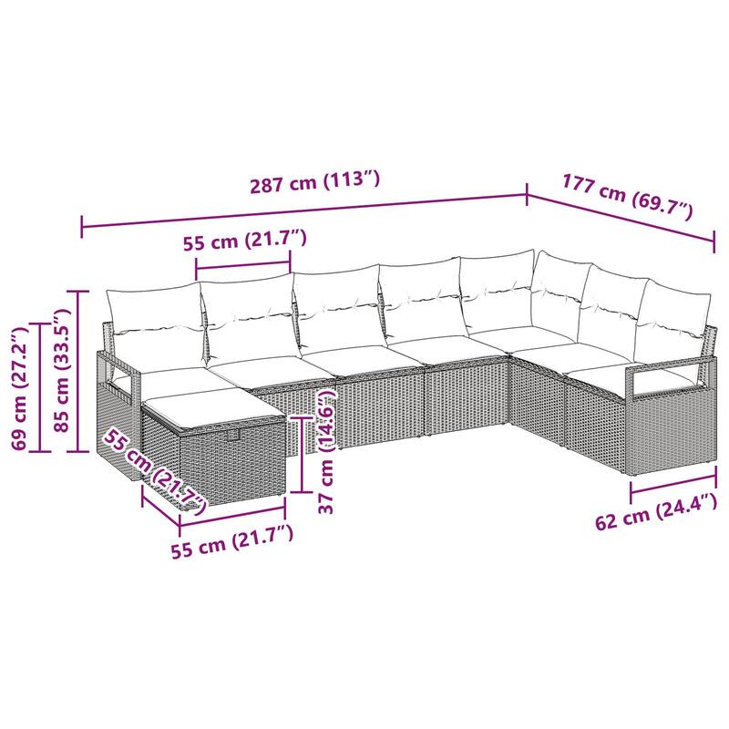 vidaXL 8/9 Garden Sofa Set with Cushions Black/Brown/Grey Poly Rattan - 113 x 69.7 x 27.2