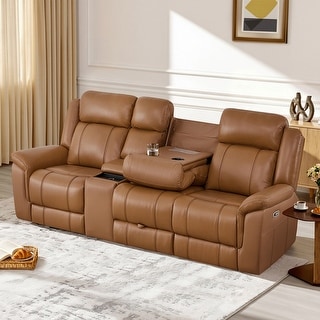Spruce & Spring Genuine Leather Power Reclining Sofa with Optional Console & Flip-Down Table