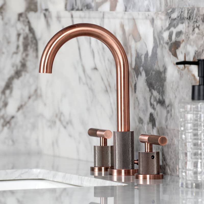 Kingston Brass Convergent Two-Handle 3-Hole Deck Mount Widespread Bathroom Faucet with Knurled Handle and Brass Pop-Up Drain
