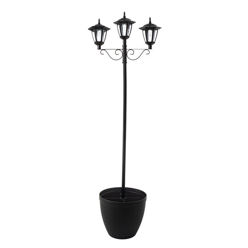 Glitzhome 6FT Solar 3-Head Lamp Street Light with Planter Pot - Black