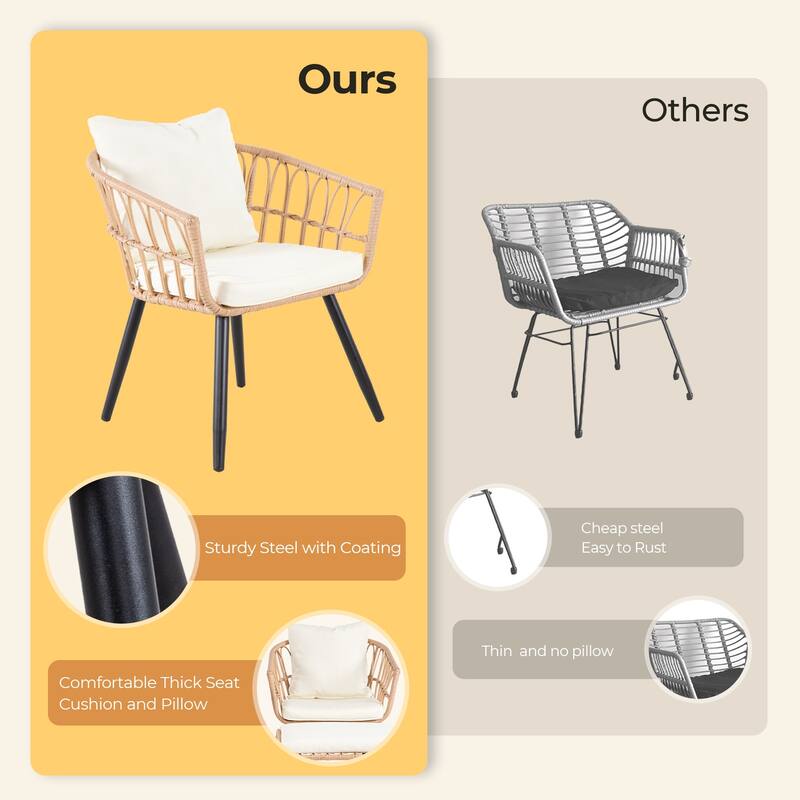 5-Piece Outdoor Wicker Bistro Chairs Set with 2 Armchair, 2 Ottoman, and Coffee Table