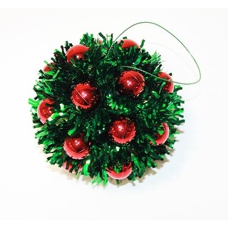 5" Hanging Tinsel Berry Christmas Metalic Ball Ornament, Red/Green, Set of 2 - 5