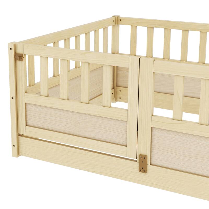 Twin/Full Size Montessori Floor Bed with Fence and Door, Wooden Platform Bed Frame without Slats