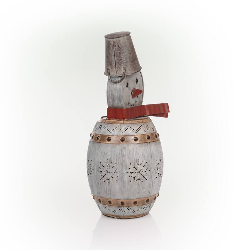 Alpine Corporation 30"H Indoor/Outdoor Metal Barrel Snowman Christmas Holiday Decoration with LED Lights - Silver