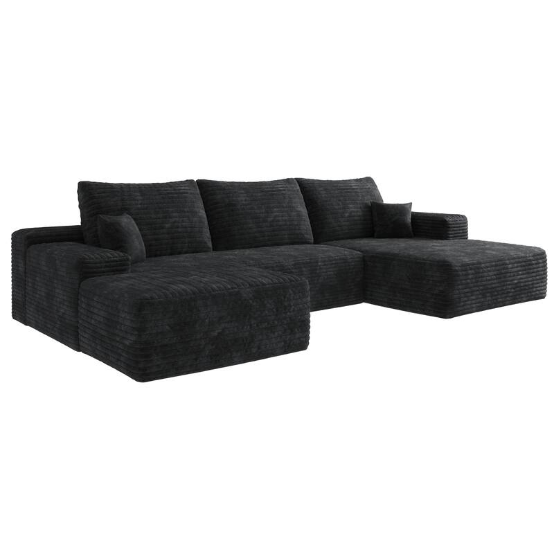 107" Modern Minimalist Upholstered U Shaped Sofa with Ottoman, No Assembly Required, Black Plush Corduroy Foam
