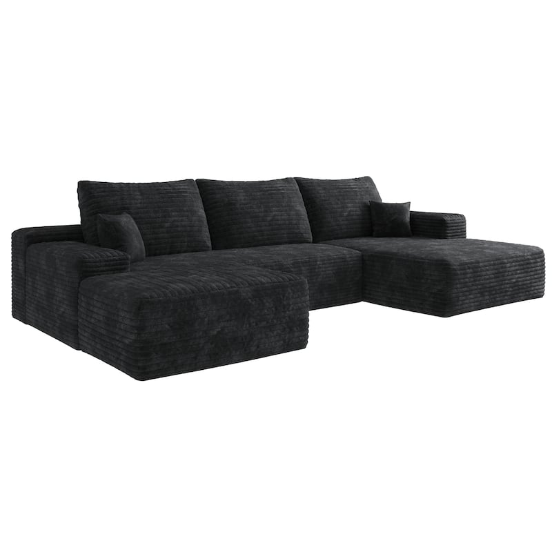 Living Room Corduroy U-shaped Chaise Sectional Sofa with Ottoman, Modern Floor Standing Deep Seat Cloud Upholstered Couch