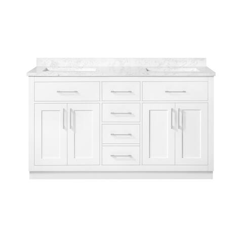 OVE Decors Athea 60 in. Vanity White Finish Pre-installed Brushed Nickel hardware and extra black included with Power Bar