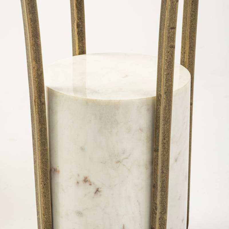 Jacinta II Glass Top with Gold Metal and White Marble Pedestal Round Side Table