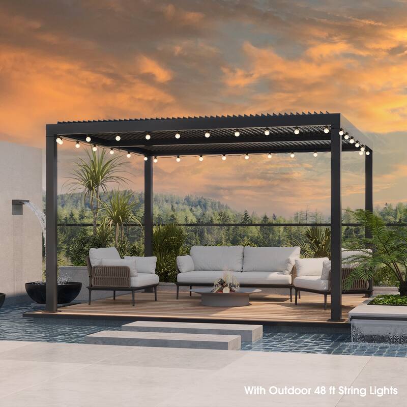 PURPLE LEAF Louvered Pergola with Solar Lights Hardtop Gazebo for Patio - 12' x 12' - Grey