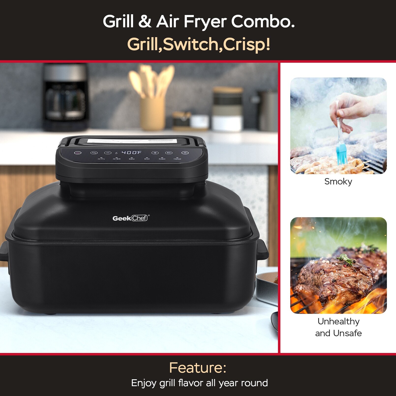 Indoor Grill Air Fryer Combo Smokeless, Fast Heating, and 7-in-1