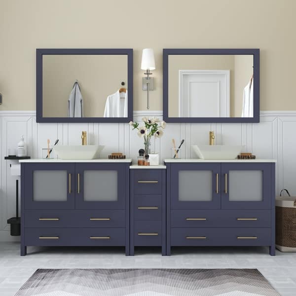 slide 2 of 53, Vanity Art 84" Double Sink Bathroom Vanity Set with Engineered Marble Top and Free Mirrors
