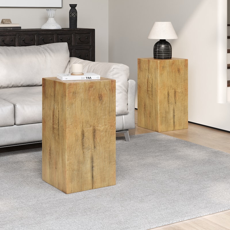 Distressed Wood-Effect End Table • Square Column Design in Multi-Height Set • Weather-Resistant for Indoor & Outdoor Decor