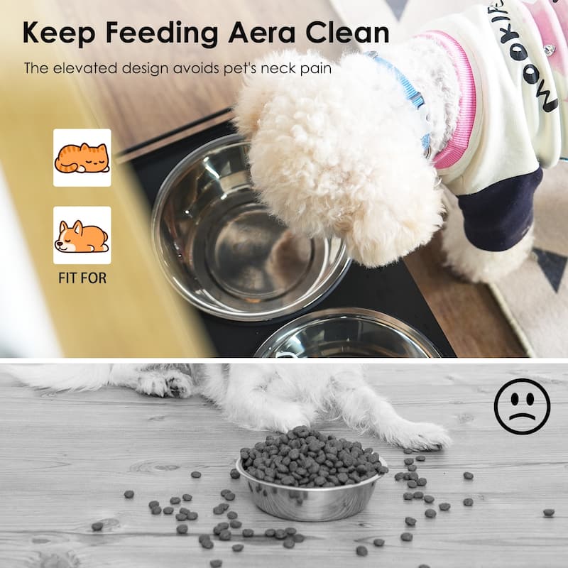 Pet Feeding Station with 2 Dog Bowls,Side Hooks,Anti-tip Kit,for Feeding & Watering, Black