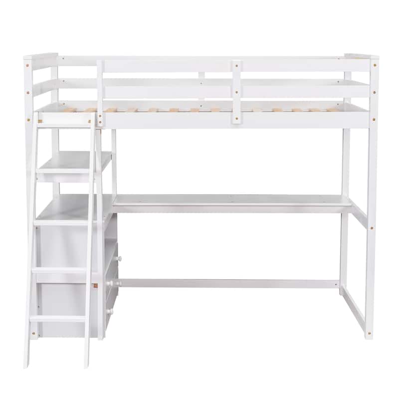 Modern Twin Pine Loft Bed with Desk and Drawers