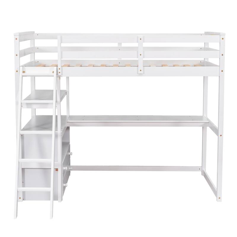 Twin Loft Bed with Desk, Shelves, and Drawers, White