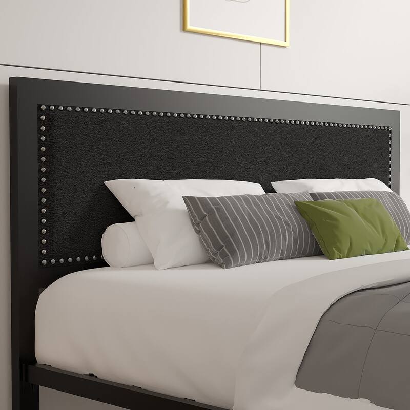 Metal Bed Frame with Linen Upholstered Nailhead Headboard, Platform Bed with 12.6" Under Bed Storage, No Box Spring Needed