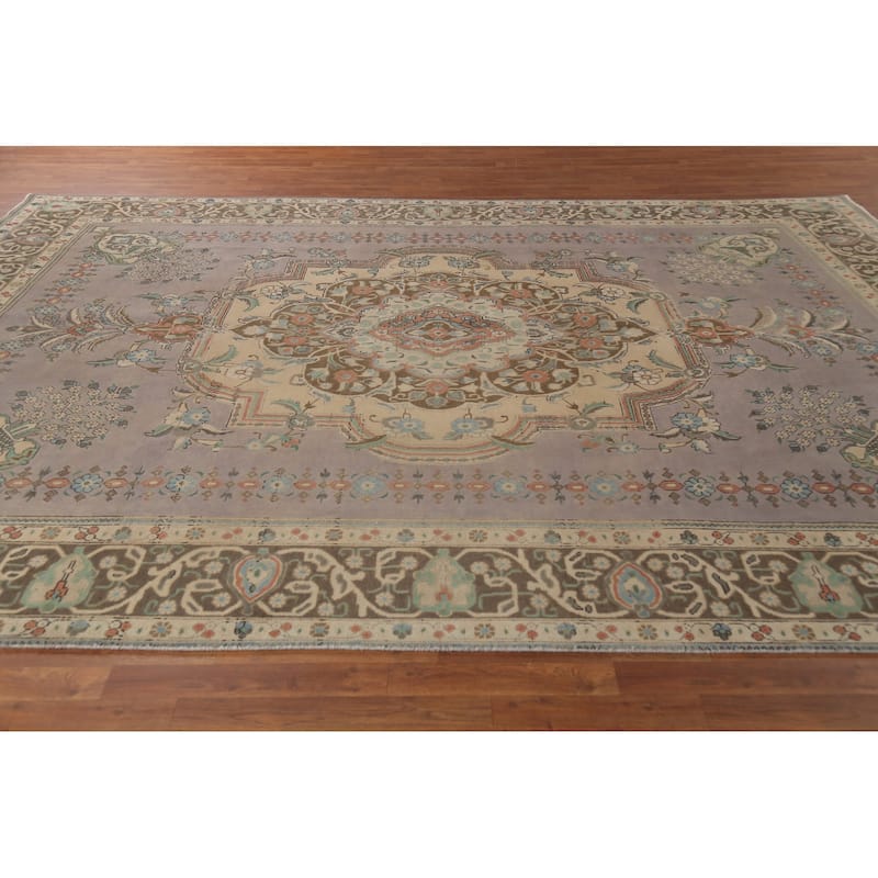 Gray Geometric Tabriz Persian Vintage Area Rug Handmade Wool Carpet - 9'10"x 12'11"