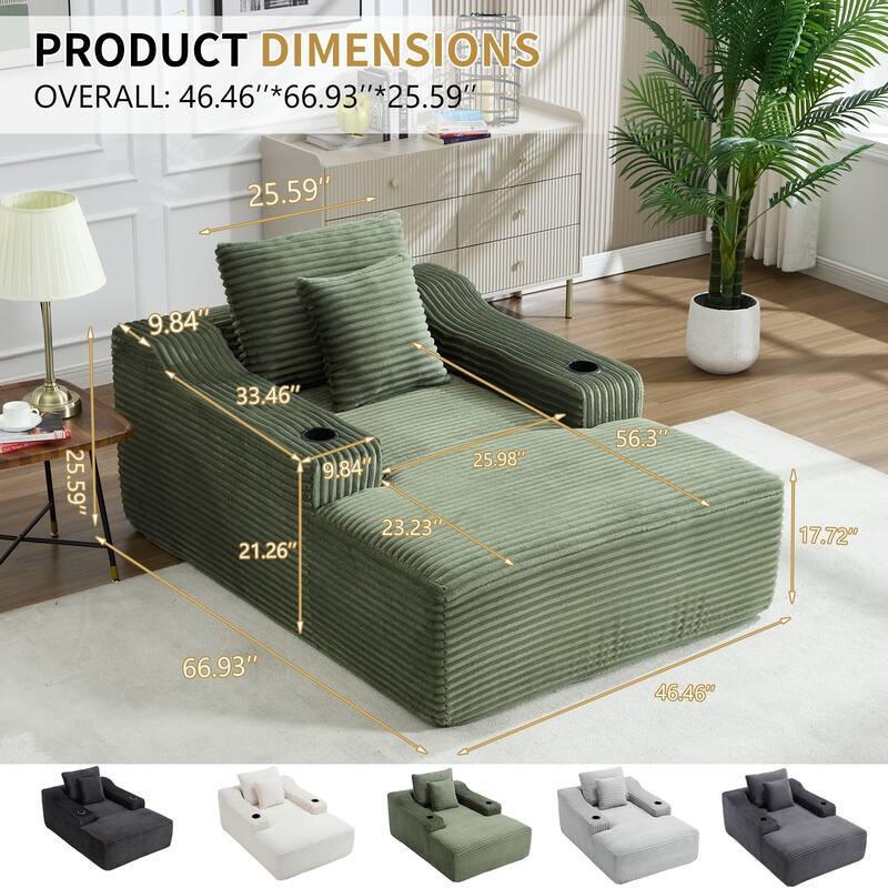 Roomfitters 67" Oversized Chaise Lounge, Corduroy Boneless Sleeper Sofa with Integrated Cup Holders