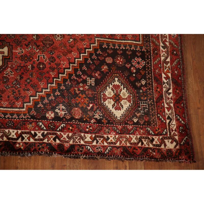 Tribal Geometric Shiraz Persian Vintage Rug Handmade Red Wool Carpet - 7'8"x 10'8"