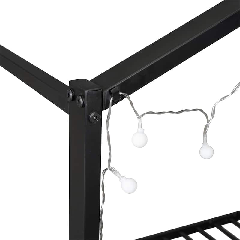 Twin Size Metal Bed House Bed Frame with Shelves and Lights