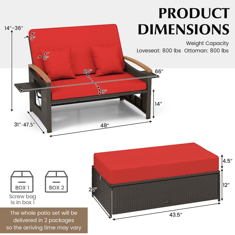 Patio Rattan Daybed Set with Cushioned Loveseat & Storage Ottoman