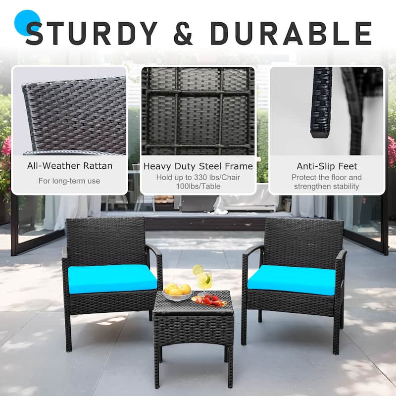 3 PCS Outdoor Patio Bistro, Rattan Conversation Chairs Set, Balcony Furniture Set - 28"H x 23.3"W x 23.3"D