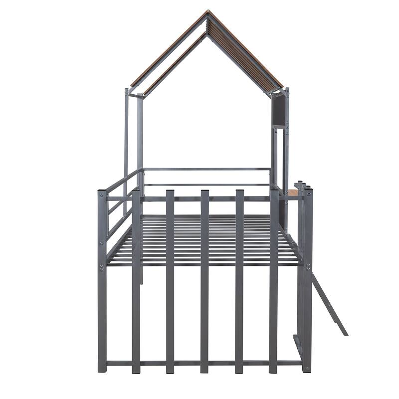 House-shaped Twin Loft Bed with Roof, Window, Guardrail, Ladder - Silver