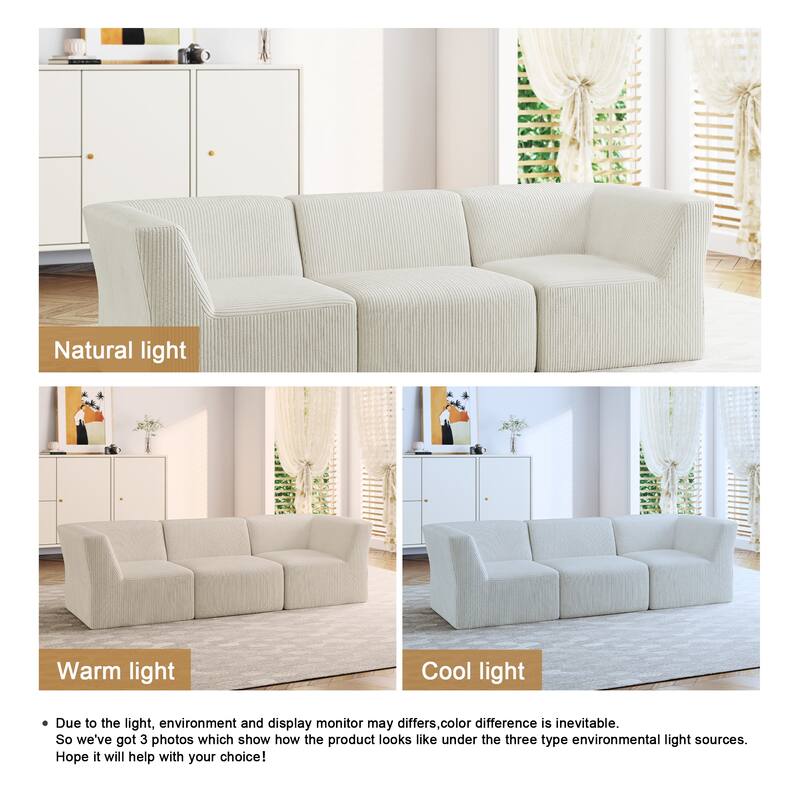 UIXE 106" W Corduroy Deep Seat Comfy 3 Seater Modular Sofa - 106" W