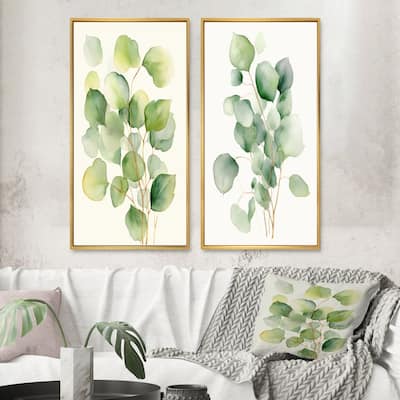 Designart "White Green Minimalism Eucalyptus Essence" Floral Framed Wall Art Set Of 2 - White For Living Room Decor