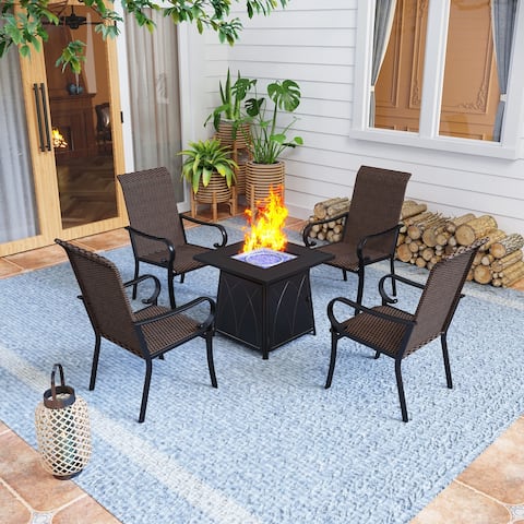 Sophia & William 5-Piece Rattan Dining & Chat Set with 32 Inch 50,000 BTU Fire Table