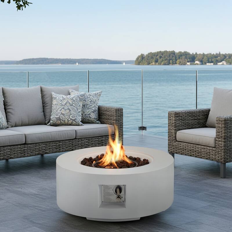 Outdoor Propane Fire Pit Table with Tank Storage and Weather-Resistant Cover - White-Round Table