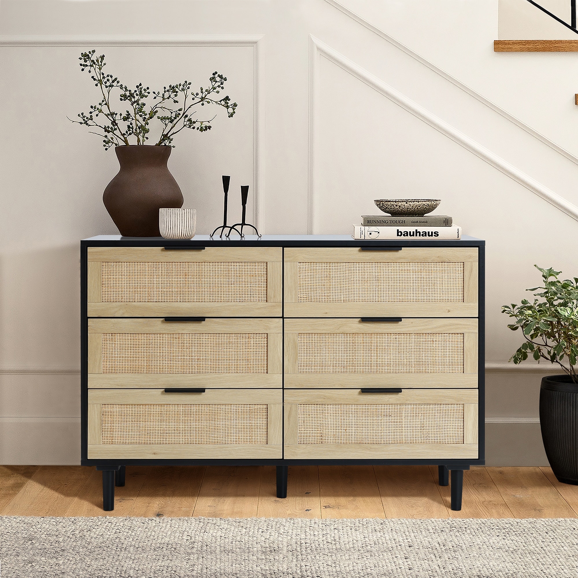 black dresser with cane webbing 59x15x26 in Marsden Mid-Century Modern Black 6-Drawer Rattan Cane Dresser (54 in. W x 36 in. H)