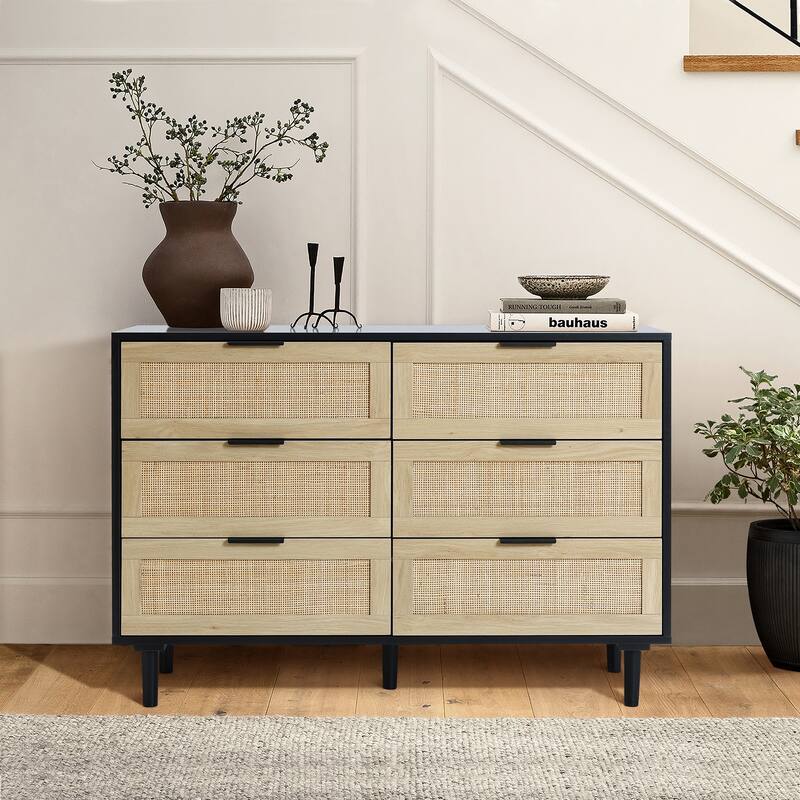 Black and Brown Manufactured Wood 6-Drawer Rattan Dresser