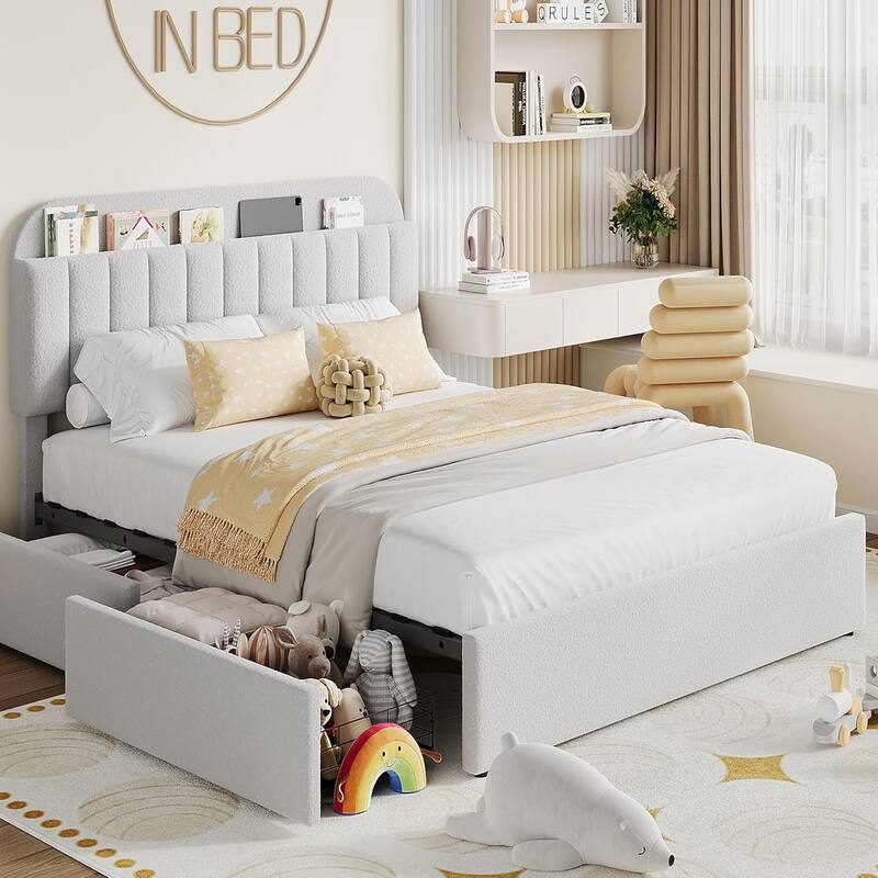 Bed Frame with 2 Drawers, Boucle Upholstered - Grey - Queen