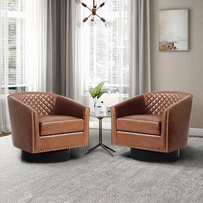 2 Set Tufted PU Vegan Leather Swivel Barrel Chair with Nailheads Trim