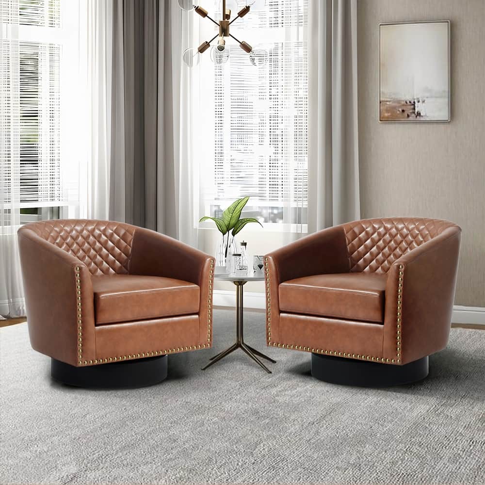 2 Set Tufted PU Vegan Leather Swivel Barrel Chair with Nailheads Trim