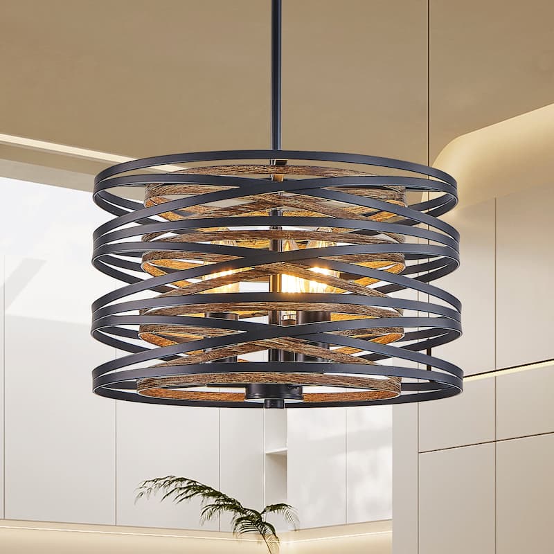 Sofucor 13/20/24 Inch Rustic Industrial Pendant Light,Black and Walnut Metal Cage Chandelier with Wood Accents for Dining Room