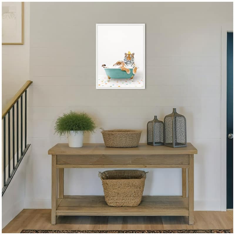Kate and Laurel Sylvie Tiger in Teal Bathtub on Colored Tile Framed Canvas by Amy Peterson